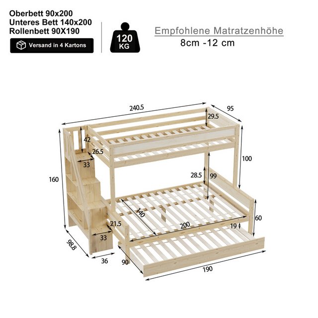 Flieks Etagenbett, Massivholzbett 90x200cm/140x200cm mit Ausziehbett 90x190 günstig online kaufen