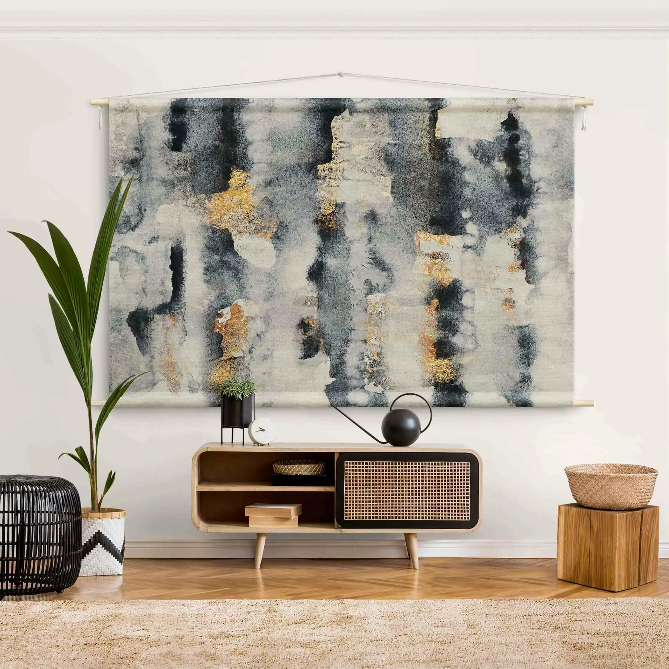 Wandteppich Abstraktes Aquarell mit Gold günstig online kaufen