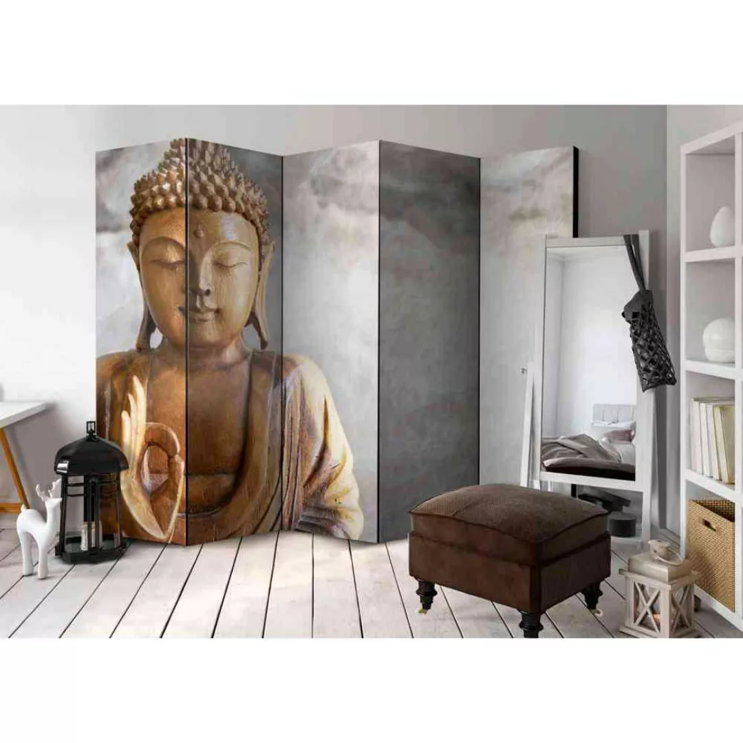 5 teiliger Paravent mit Buddha hell Grau und Braun günstig online kaufen