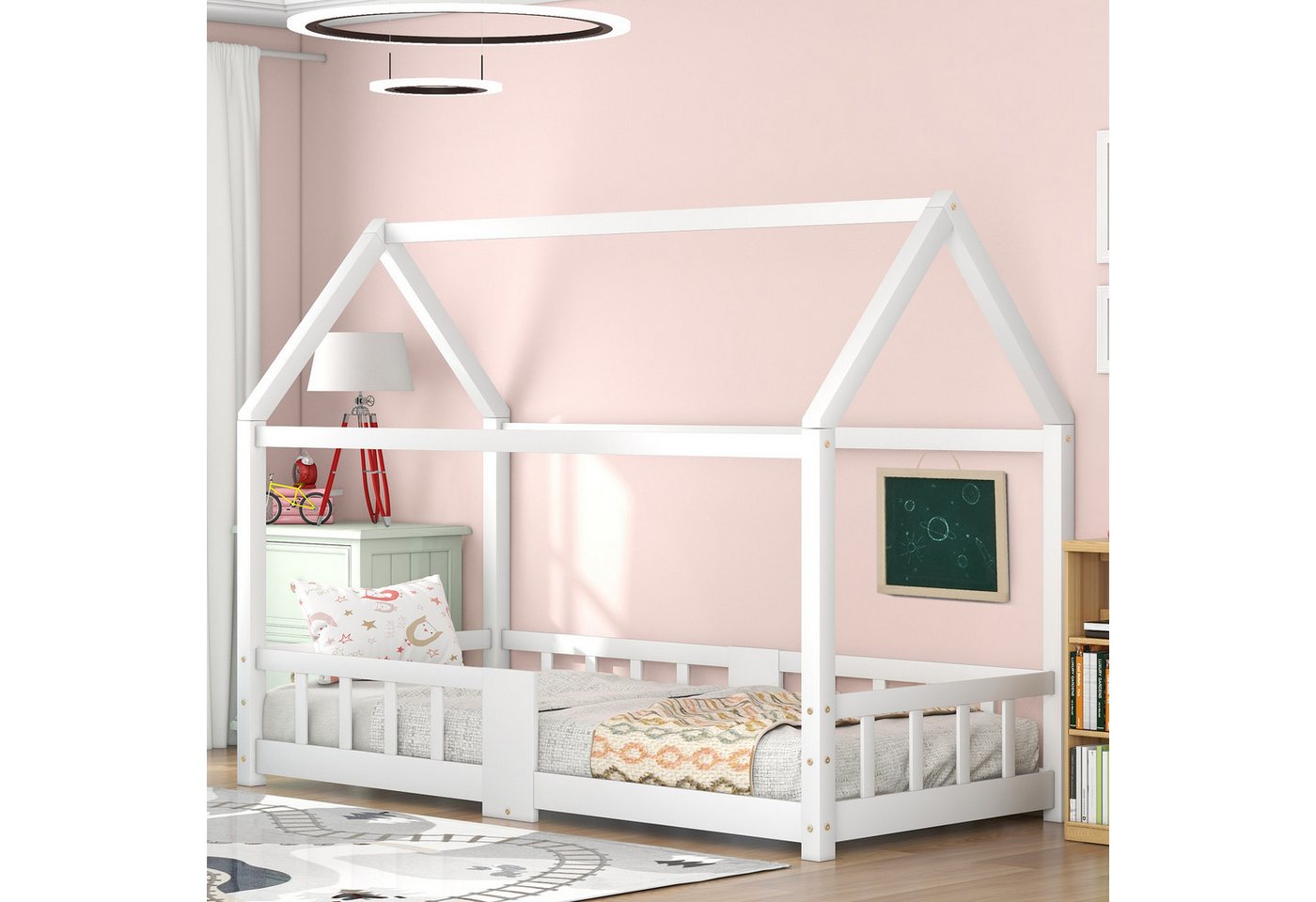 Rutaqian Hausbett Kinderbett, Holzbett, Einzelbett, 90 x 200cm, mit Tafel, günstig online kaufen