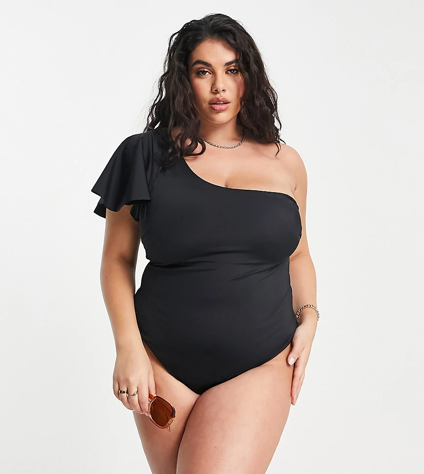 ASOS DESIGN Curve – Badeanzug aus recyceltem Material in Schwarz mit Fleder günstig online kaufen