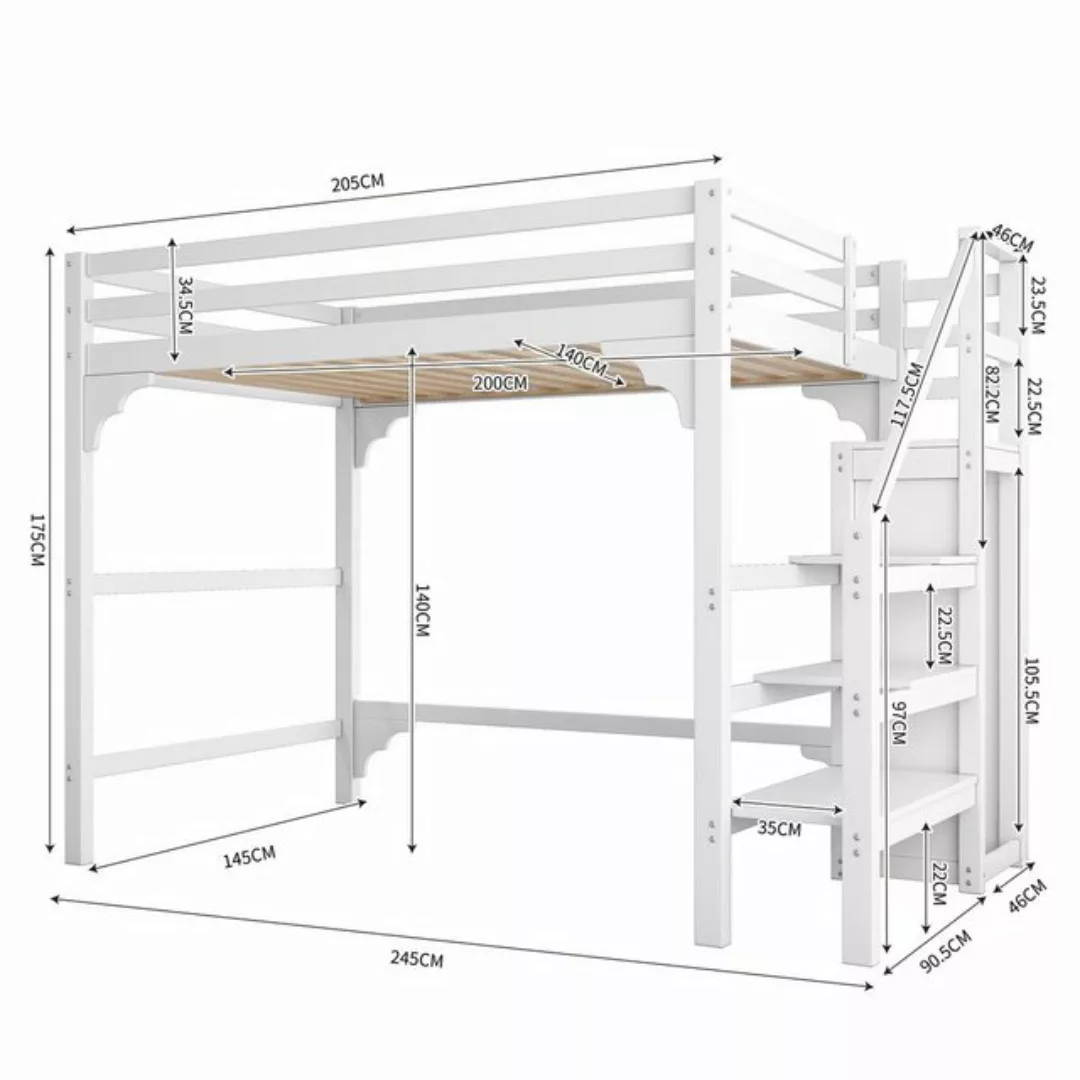 SOFTWEARY Hochbett mit Lattenrost und Treppe (140x200 cm) Kinderbett mit Ra günstig online kaufen