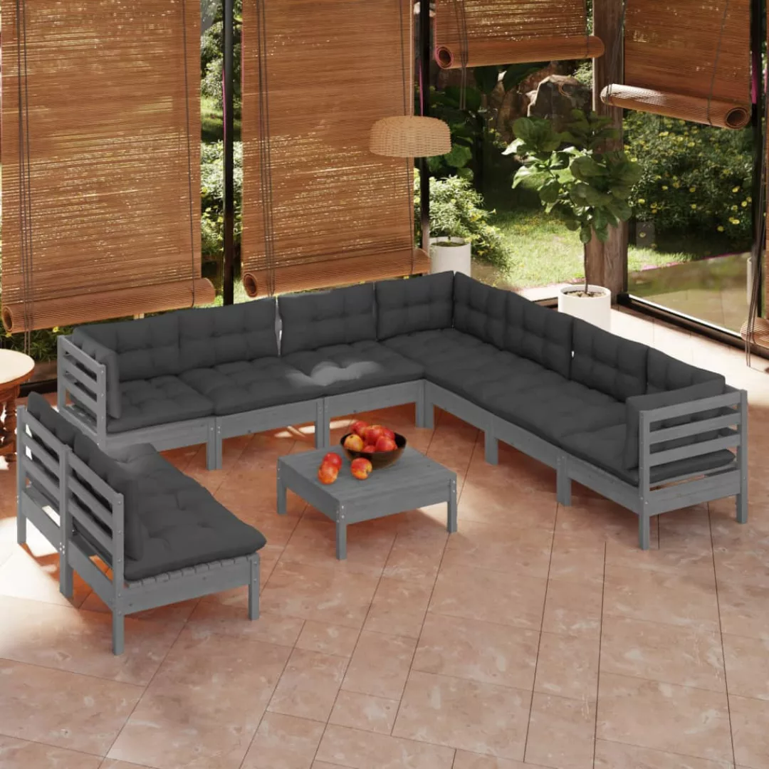 10-tlg. Garten-lounge-set Mit Kissen Grau Massivholz Kiefer günstig online kaufen