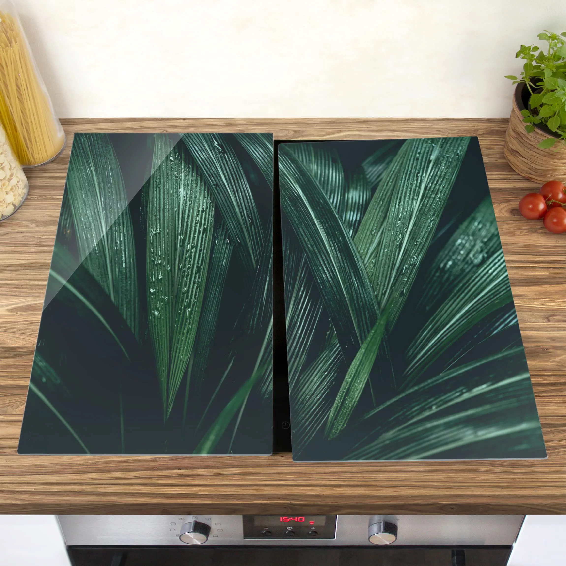 2-teilige Herdabdeckplatte Glas Botanik Grüne Palmenblätter günstig online kaufen