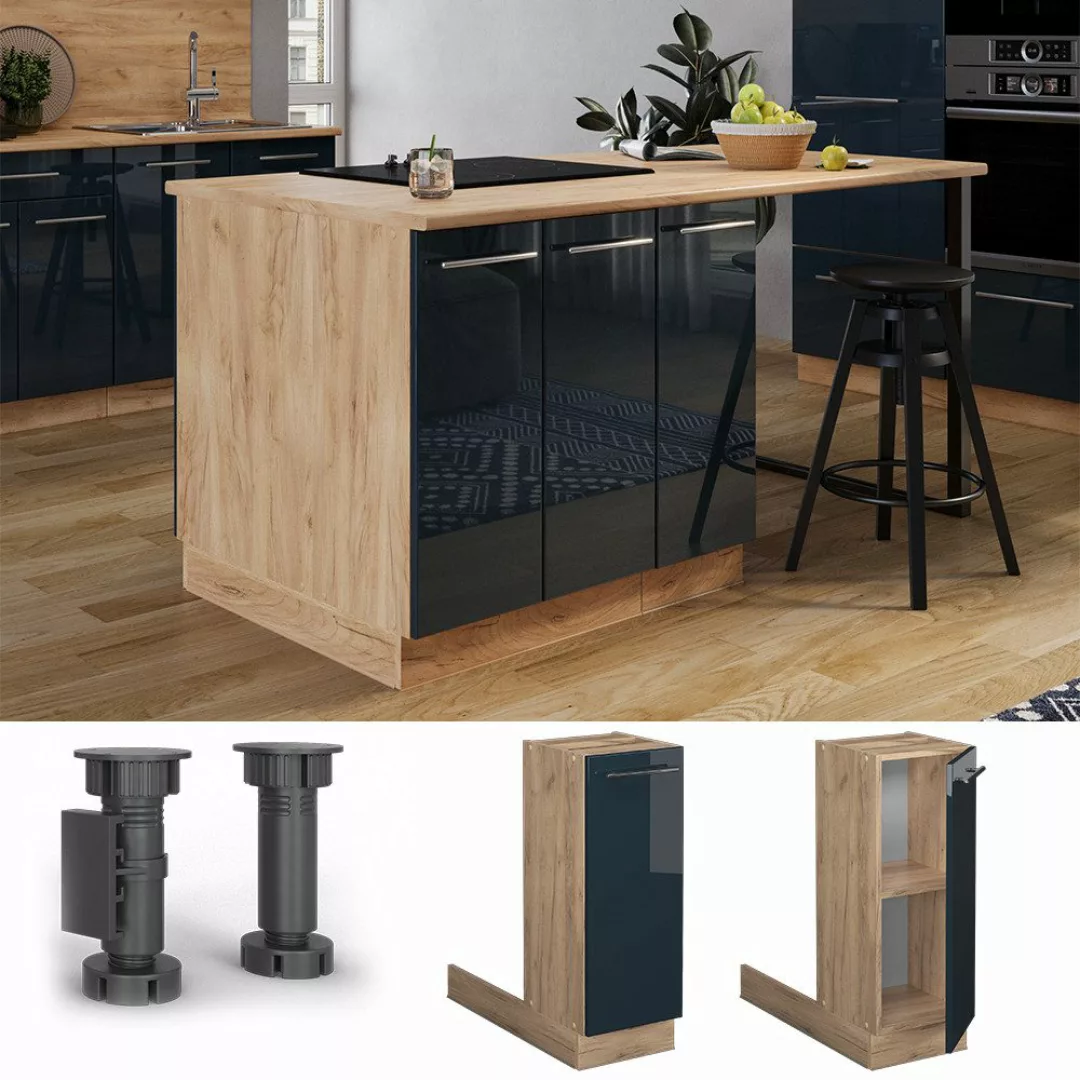 Vicco Unterschrank Fame-Line, Dunkelblau Hochglanz/Goldkraft Eiche, günstig online kaufen