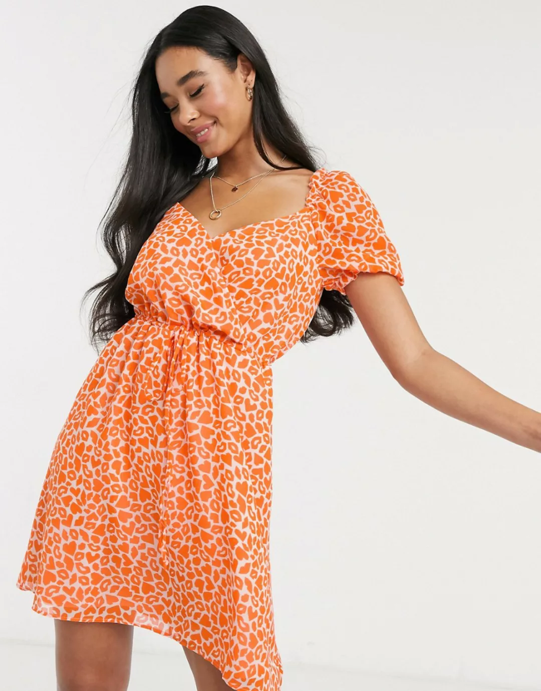 French Connection – Minikleid mit Lippen- und Herzprint in Neonorange günstig online kaufen