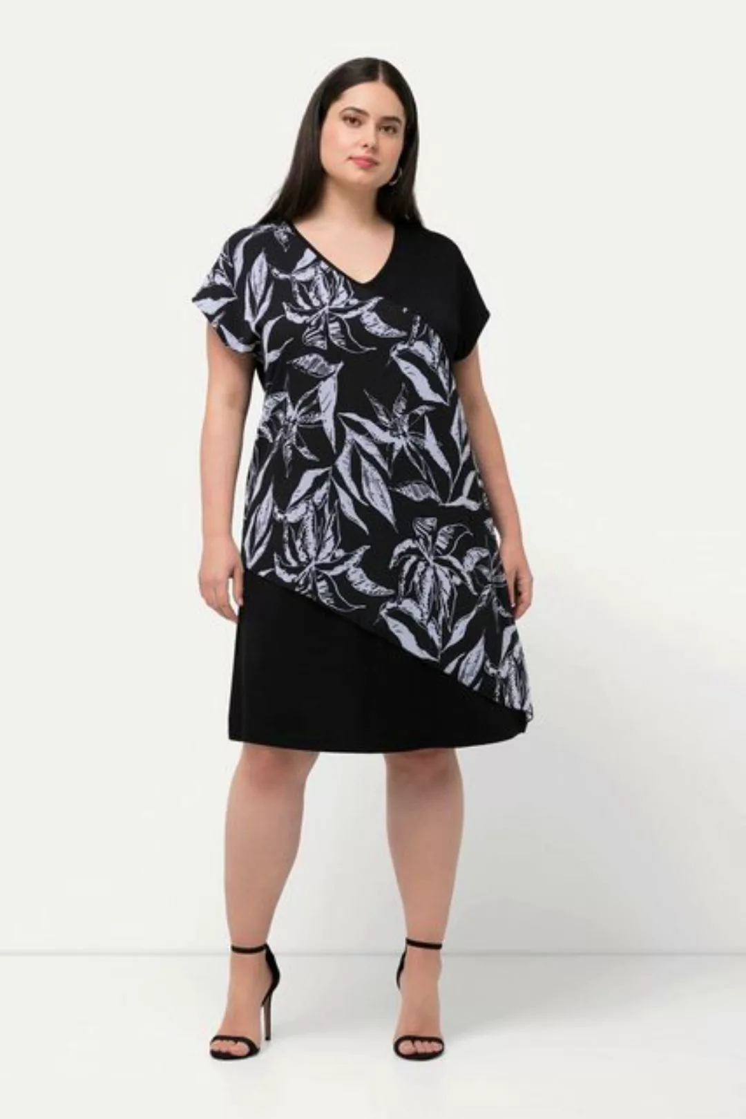 Ulla Popken Minikleid Jerseykleid Oversized Blätter V-Ausschnitt Halbarm günstig online kaufen