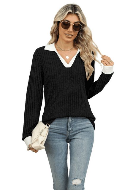 Nebelmeer Strickpullover Herbst-Winter-Farbenblock Frauenmode mit umgeschla günstig online kaufen