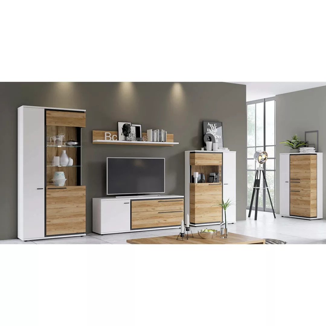 Moderne Media Wohnwand mit Highboard SANDVIKA-129 in weiß mit Eiche Nb. Abs günstig online kaufen