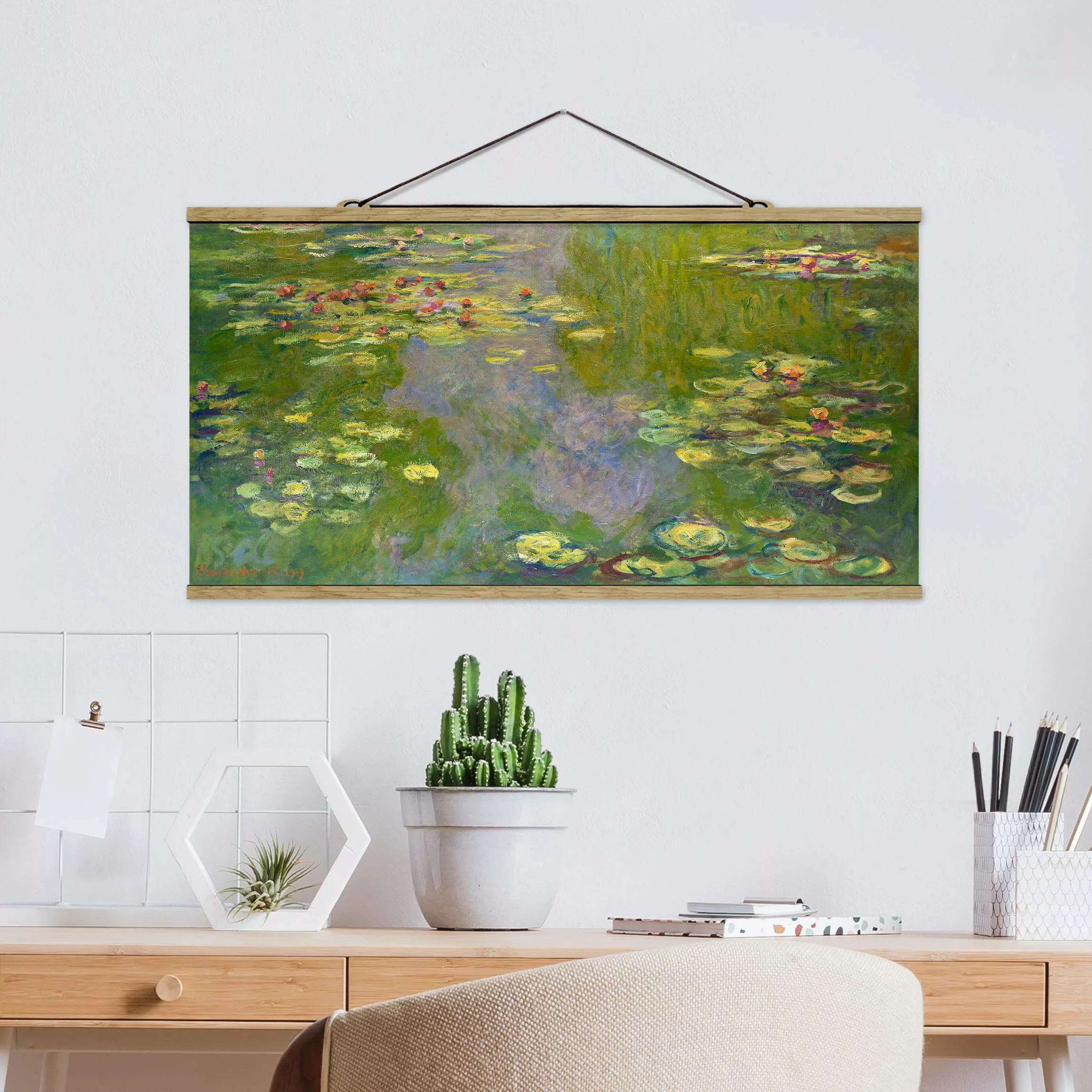 Stoffbild Blumen mit Posterleisten - Querformat Claude Monet - Grüne Seeros günstig online kaufen