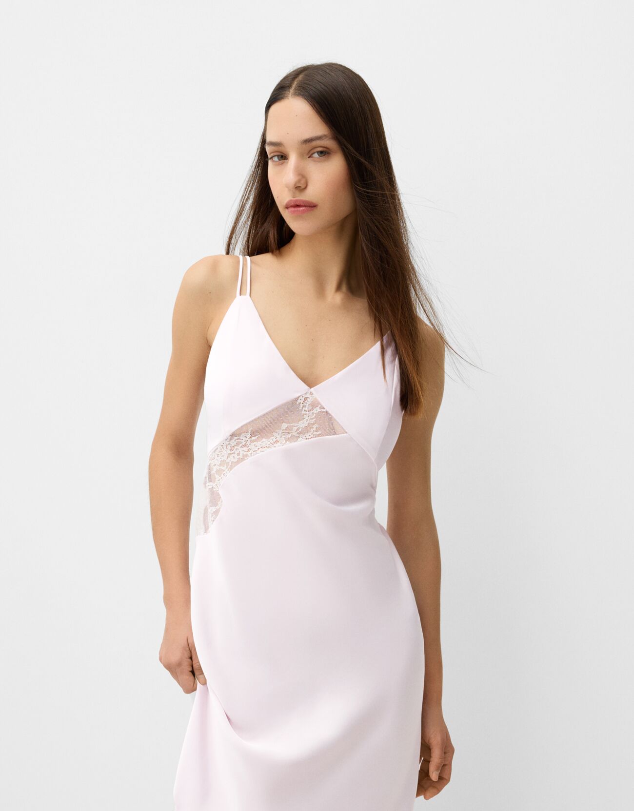 Bershka Midikleid Aus Satin Mit Trägern Und Spitze Damen M Rosa günstig online kaufen