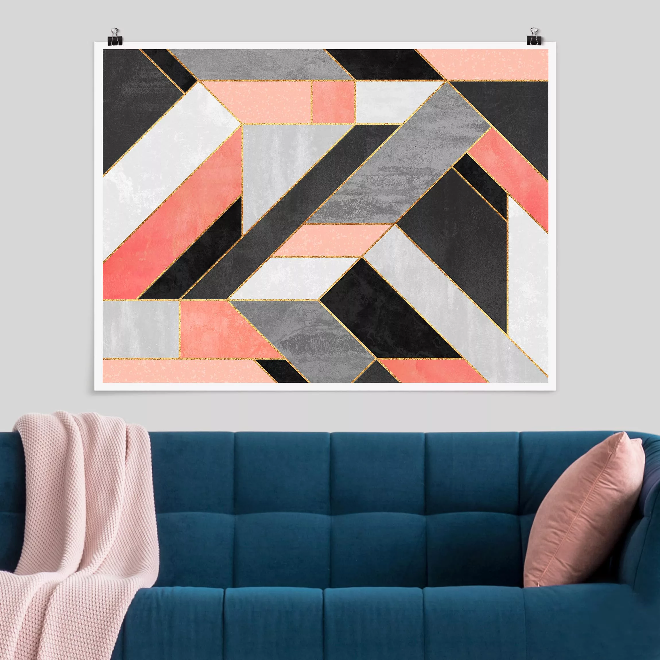 Poster Abstrakt - Querformat Geometrie Rosa und Gold günstig online kaufen