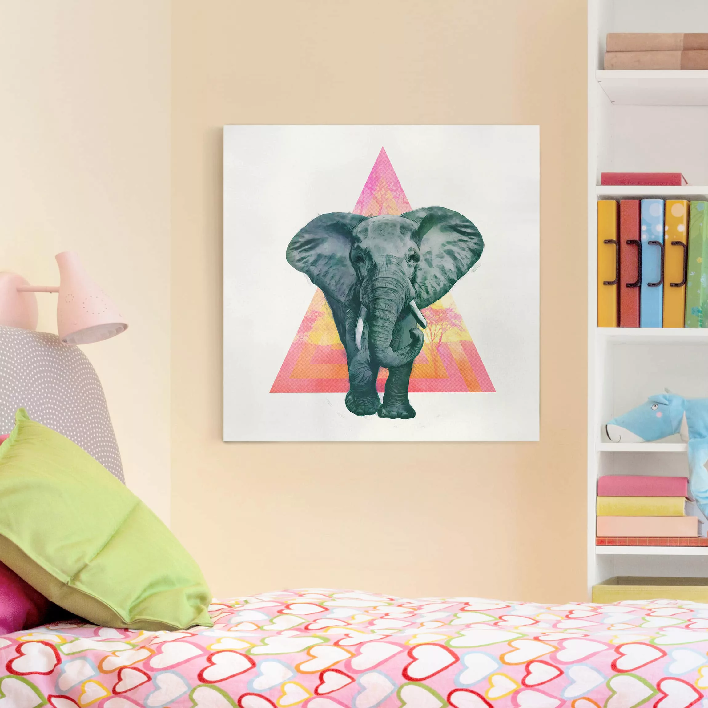 Leinwandbild Tiere - Quadrat Illustration Elefant vor Dreieck Malerei günstig online kaufen