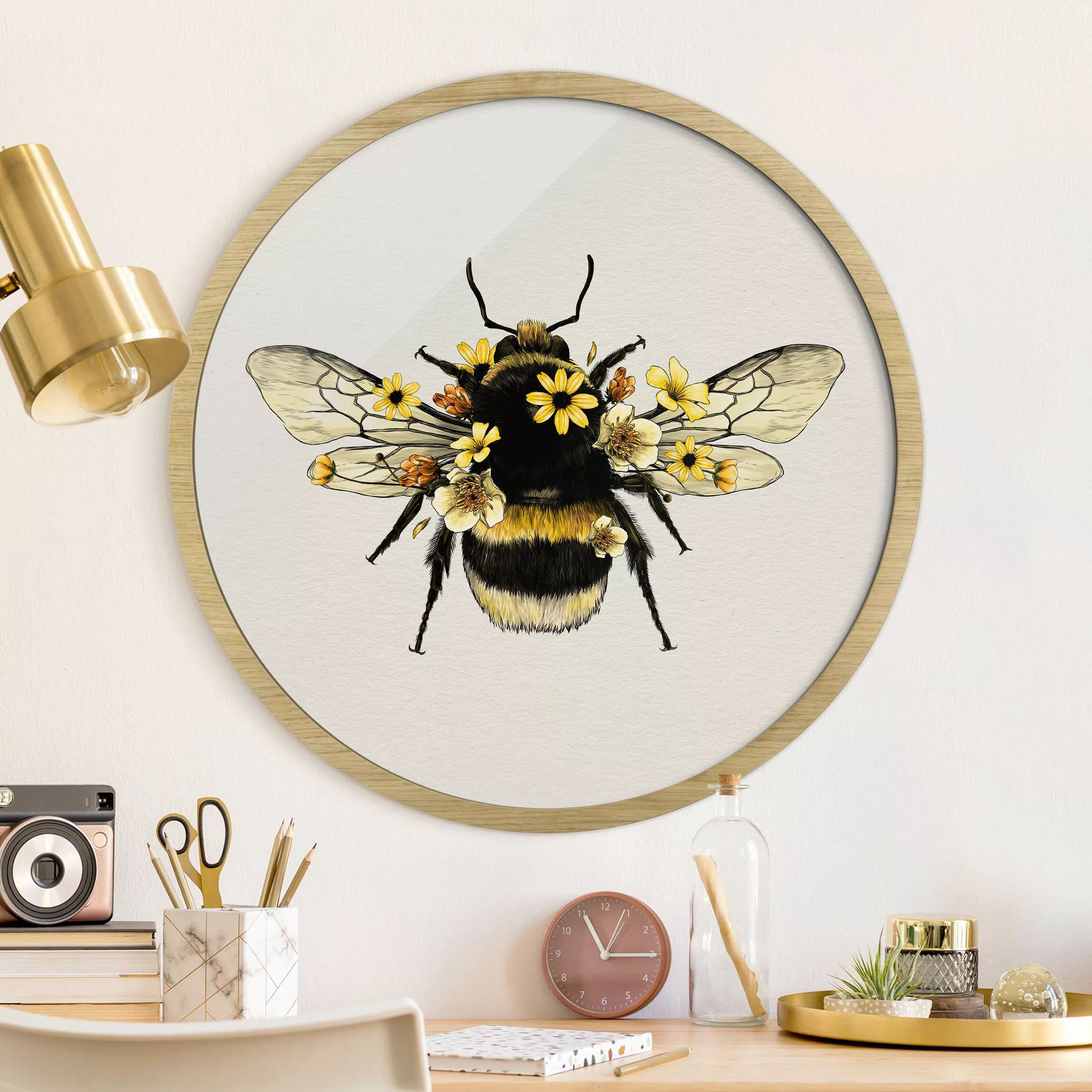 Rundes Bild mit Rahmen Illustration florale Hummel günstig online kaufen