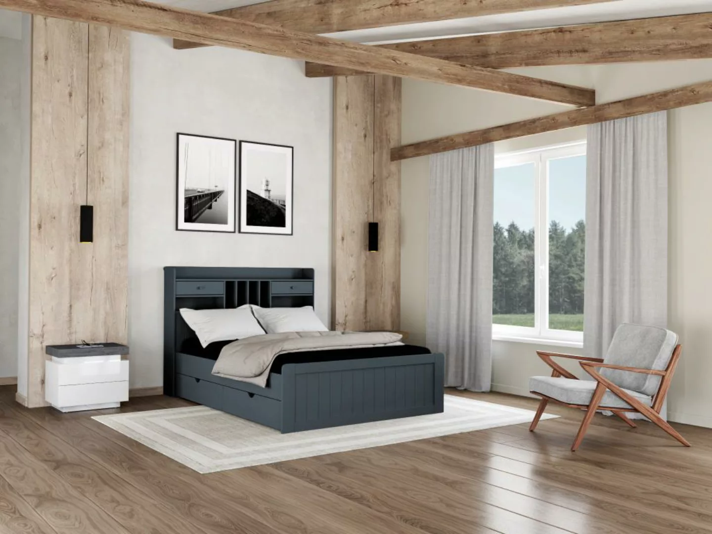 Bett mit Stauraum & Schubladen + Lattenrost - 140 x 190 cm - Kiefer - Grau günstig online kaufen