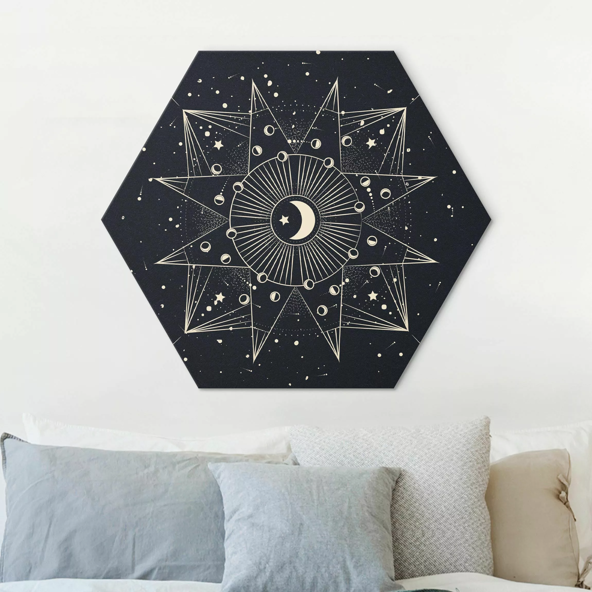 Hexagon-Alu-Dibond Bild Astrologie Mond Magie Blau Gold günstig online kaufen