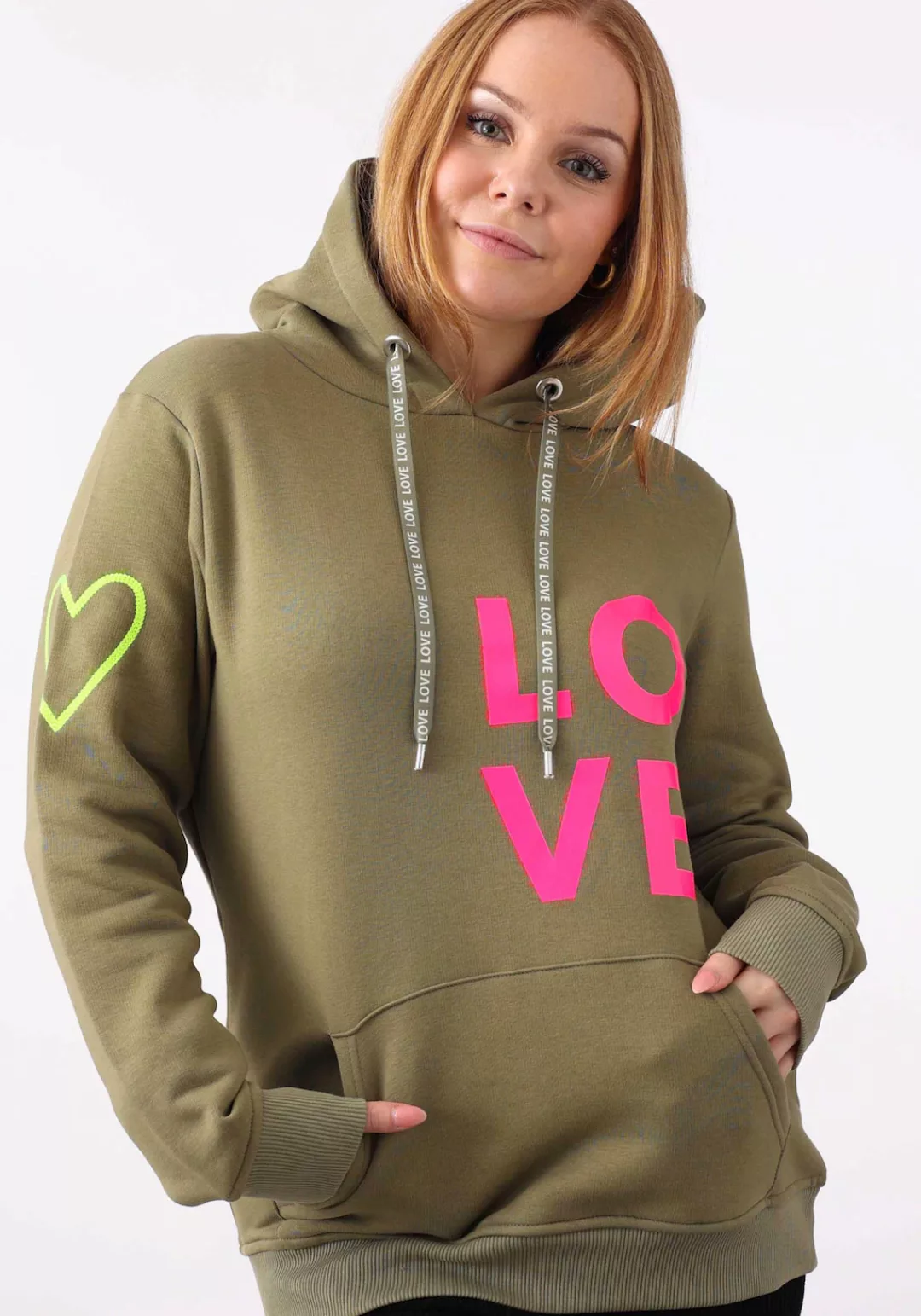 Zwillingsherz Kapuzensweatshirt mit gesticktem Neon Smiley und Kordel mit S günstig online kaufen