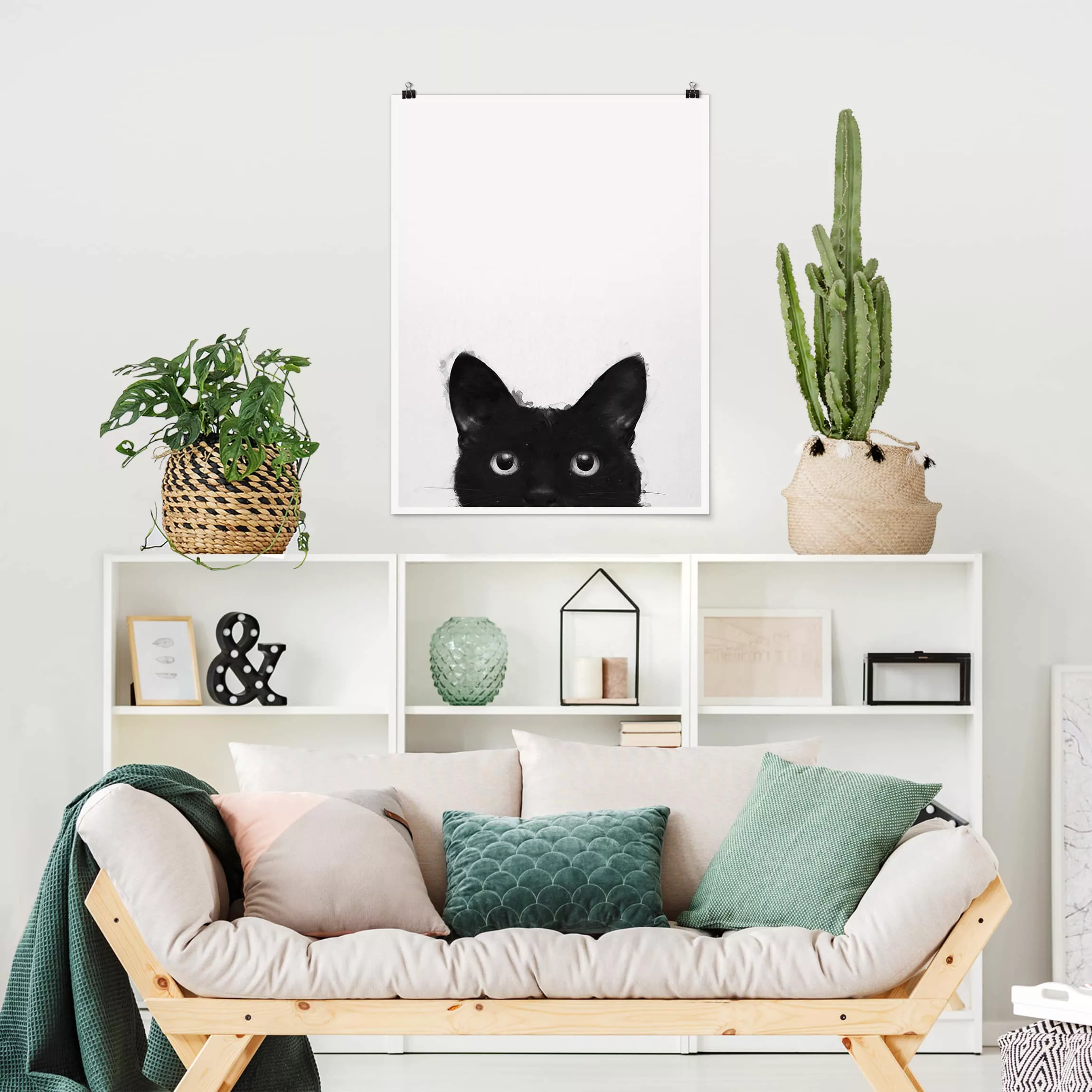 Poster Tiere - Hochformat Illustration Schwarze Katze auf Weiß Malerei günstig online kaufen