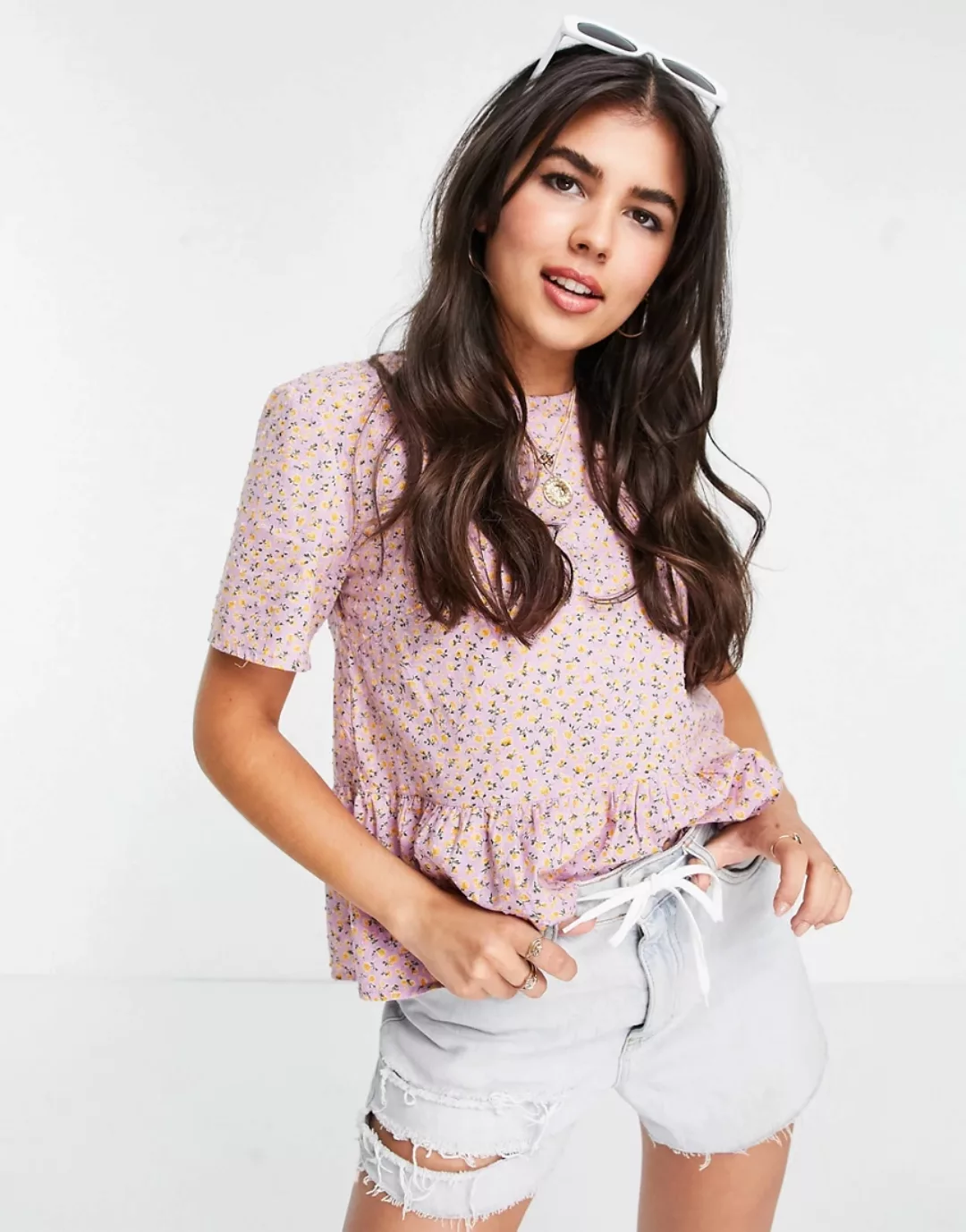 Pieces – Bluse in Rosa geblümt mit Schößchen-Mehrfarbig günstig online kaufen