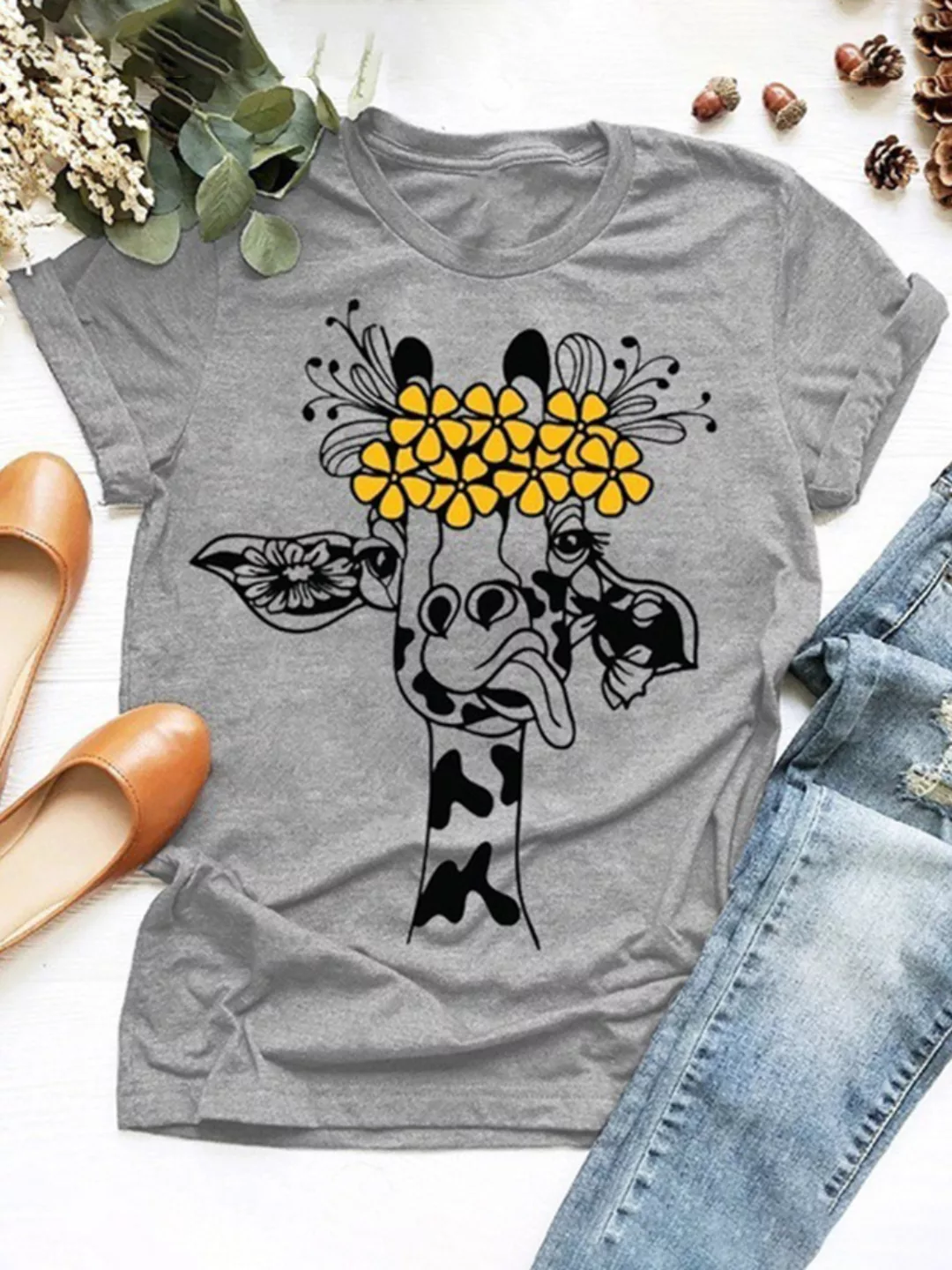 Cartoon Giraffe Bedrucktes Kurzarm-O-Enck-T-Shirt für Damen günstig online kaufen