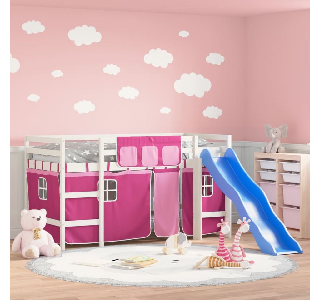 vidaXL Kinderbett Kinderhochbett mit Vorhängen Rosa 90x190 cm Massivholz Ki günstig online kaufen