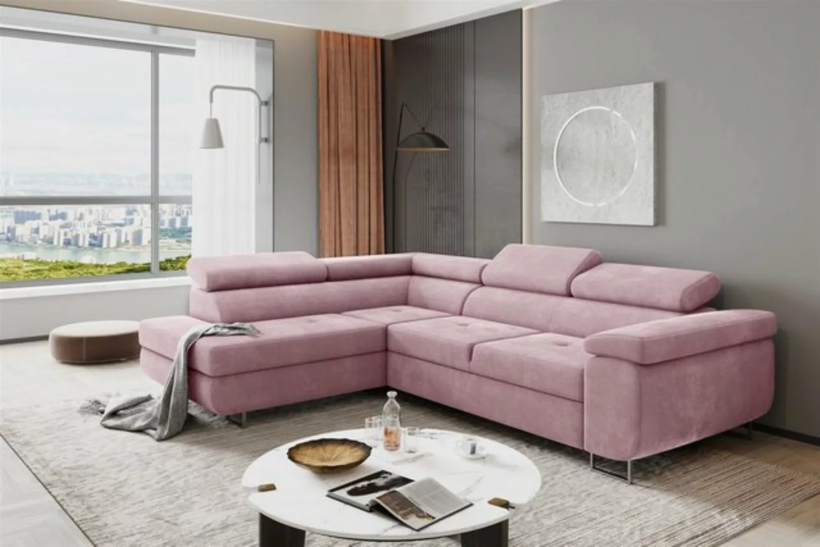 Fun Möbel Ecksofa Couchgarnitur JADE Stoff Rosa Schlaffunktion Ottomane Rec günstig online kaufen