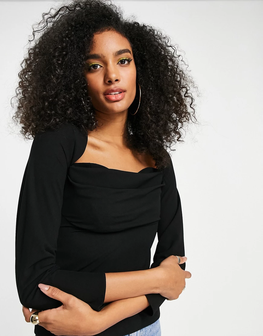 ASOS DESIGN – Oberteil in Schwarz mit Wasserfallausschnitt und Detail im Br günstig online kaufen