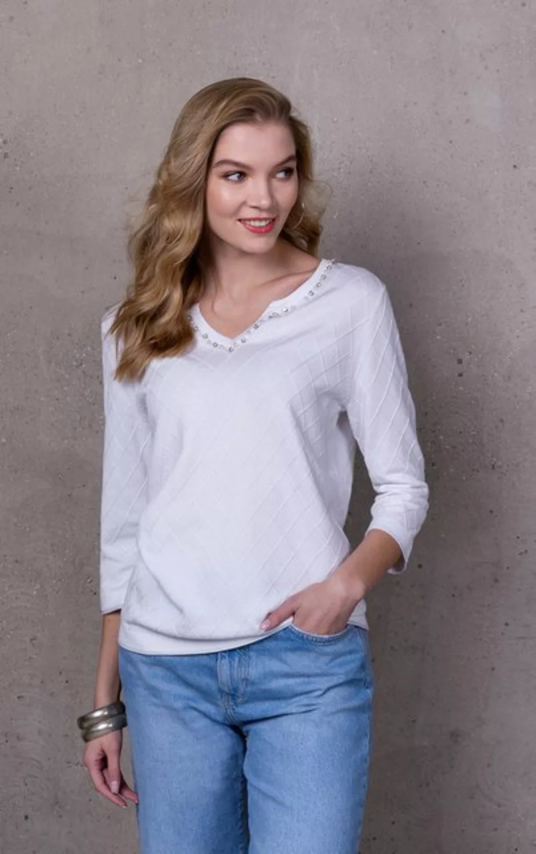 Passioni 3/4 Arm-Pullover Moderner Pullover mit Rautenmuster und geschlitzt günstig online kaufen