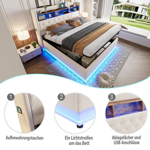 Flieks Polsterbett, LED Doppelbett 180x200cm mit USB-Ladefunktion & hydraul günstig online kaufen