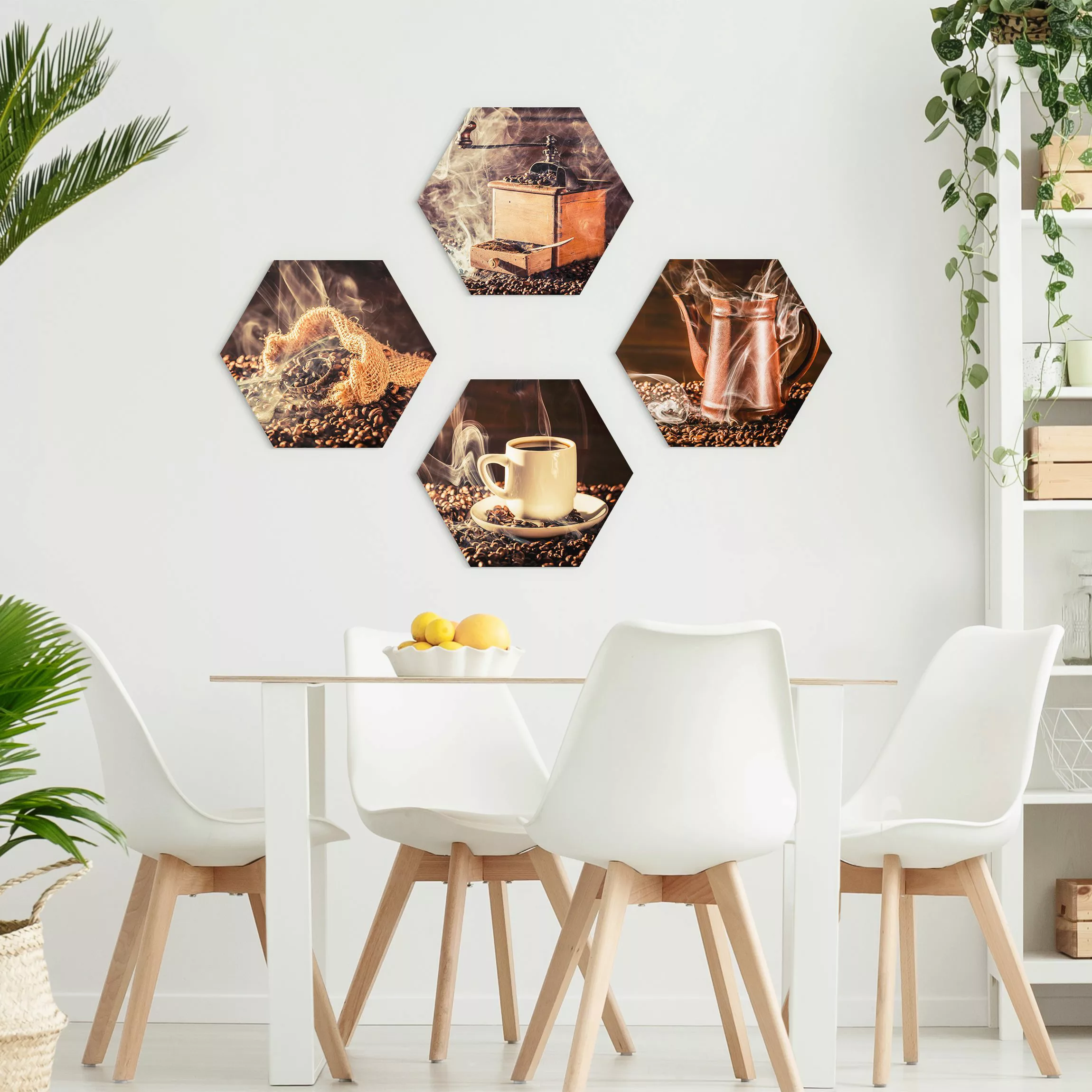 4-teiliges Hexagon-Alu-Dibond Bild Kaffee - Dampf günstig online kaufen