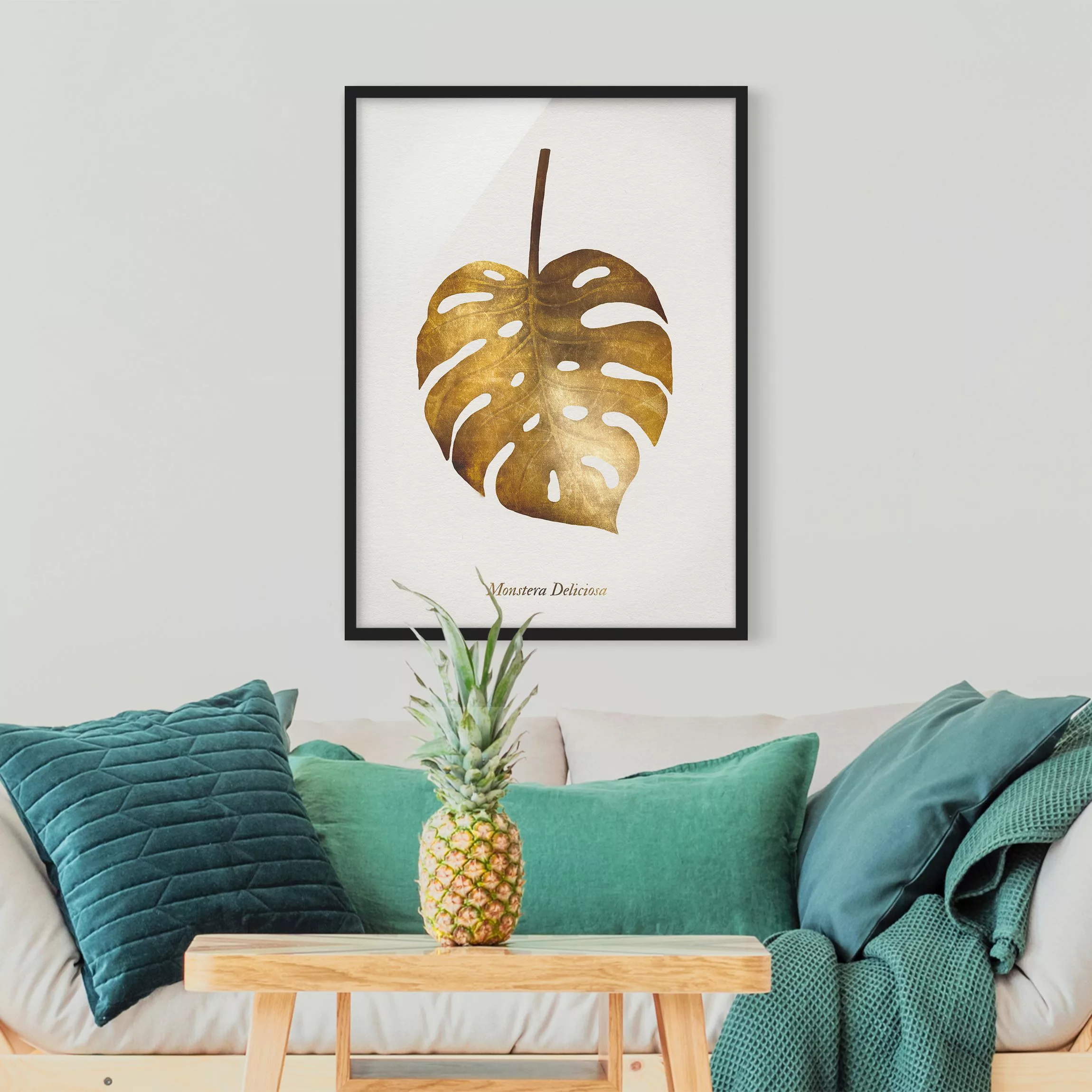 Bild mit Rahmen Blumen - Hochformat Gold - Monstera günstig online kaufen