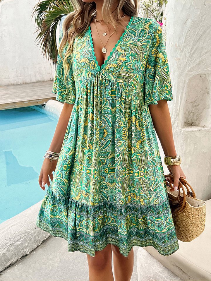 BlauWave Dirndl Bedrucktes Kleid mit V-Ausschnitt für Frühjahr/Sommerferien günstig online kaufen