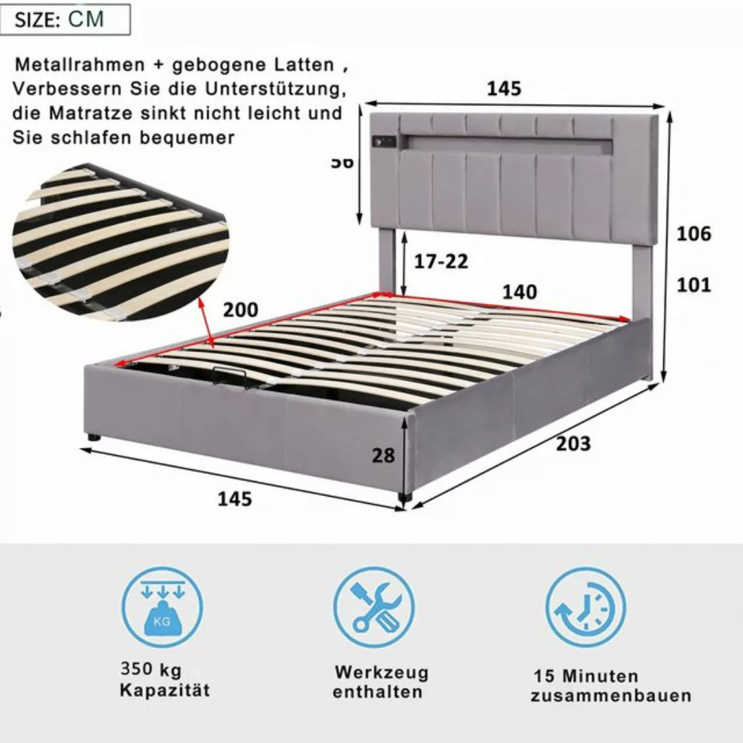 WISHDOR Polsterbett Doppelbett Stauraumbett Bett mit Lattenrost (140x200cm günstig online kaufen
