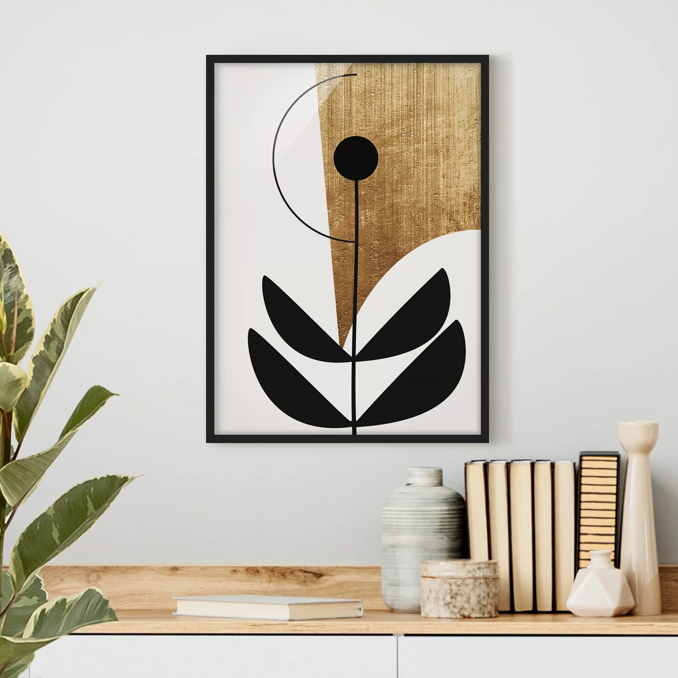 Bild mit Rahmen Abstrakte Formen - Blume Gold günstig online kaufen