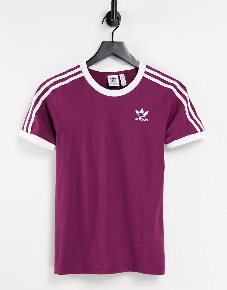 adidas Originals – adicolor – T-Shirt in Purpurrot mit drei Streifen-Rosa günstig online kaufen
