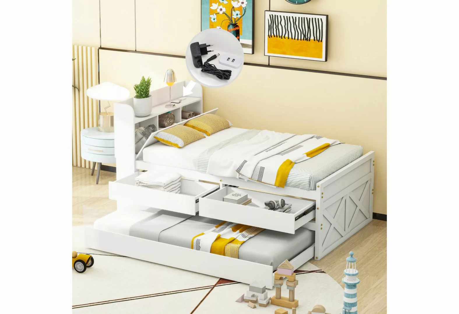 MODFU Stauraumbett Kinderbett mit ausziehbarer Schublade Lattenrost (Nachtt günstig online kaufen