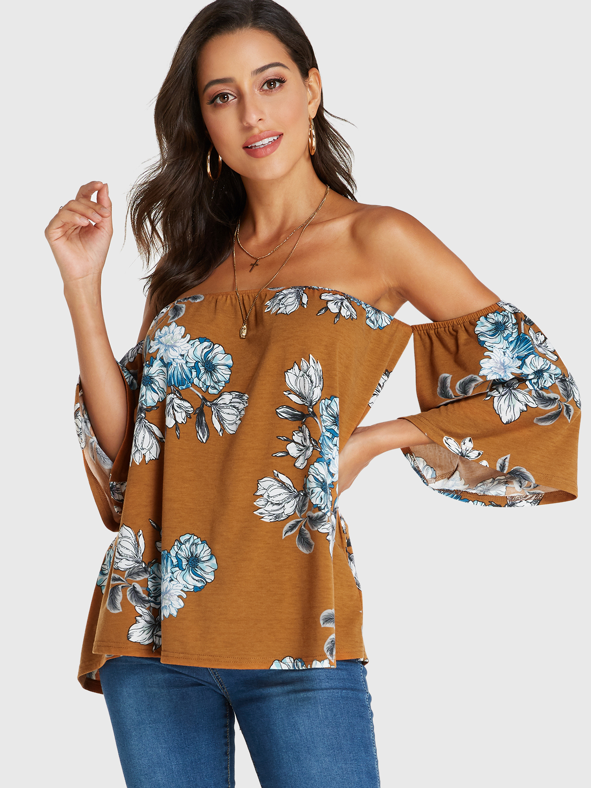 YOINS Brown Random Floral Print Off Schulter T-Shirt günstig online kaufen