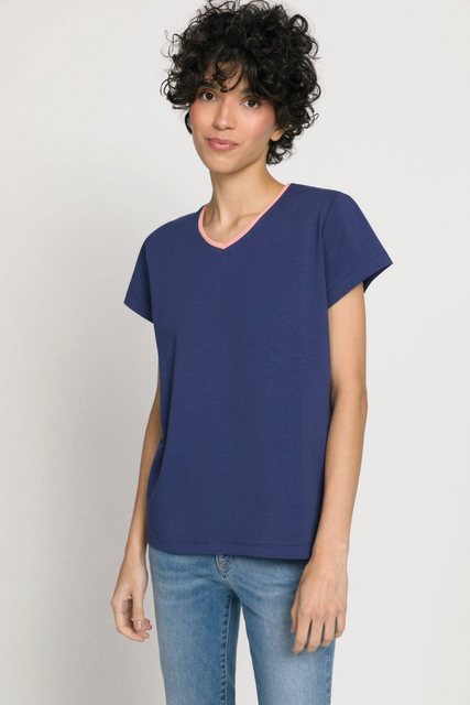 Gina Laura Longtop T-Shirt farbige Kanten V-Ausschnitt Halbarm günstig online kaufen