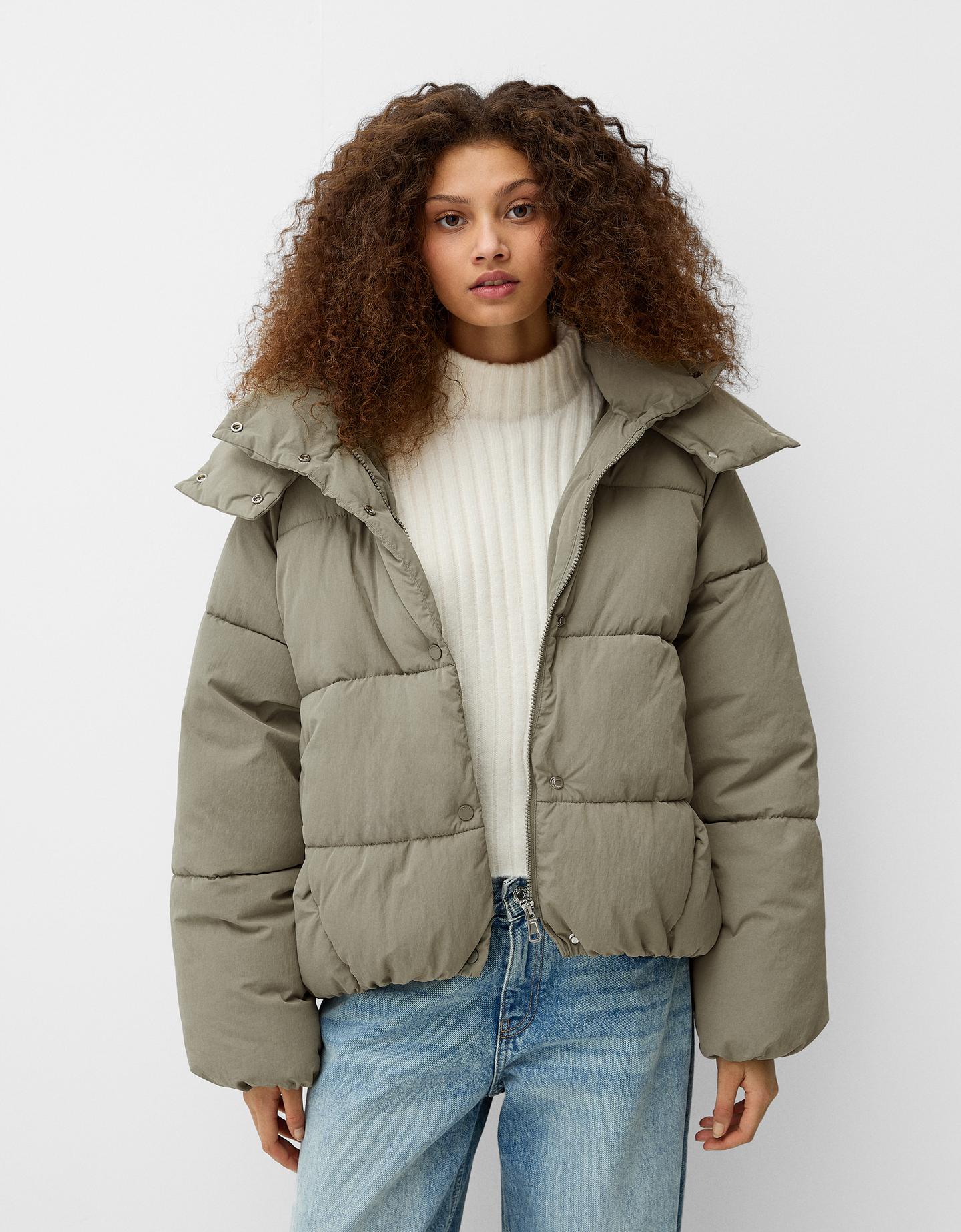 Bershka Puffjacke Mit Kapuze Damen M Khaki günstig online kaufen