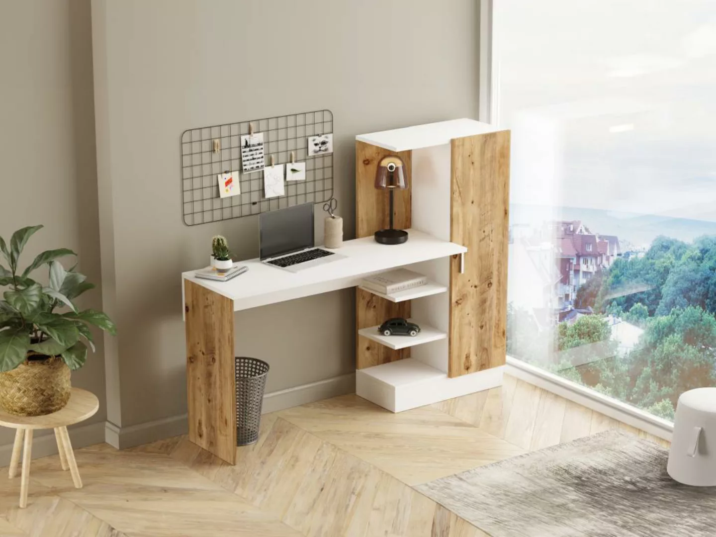 Schreibtisch mit Schrankelement - Holzfarben & Weiß - MILARIA günstig online kaufen