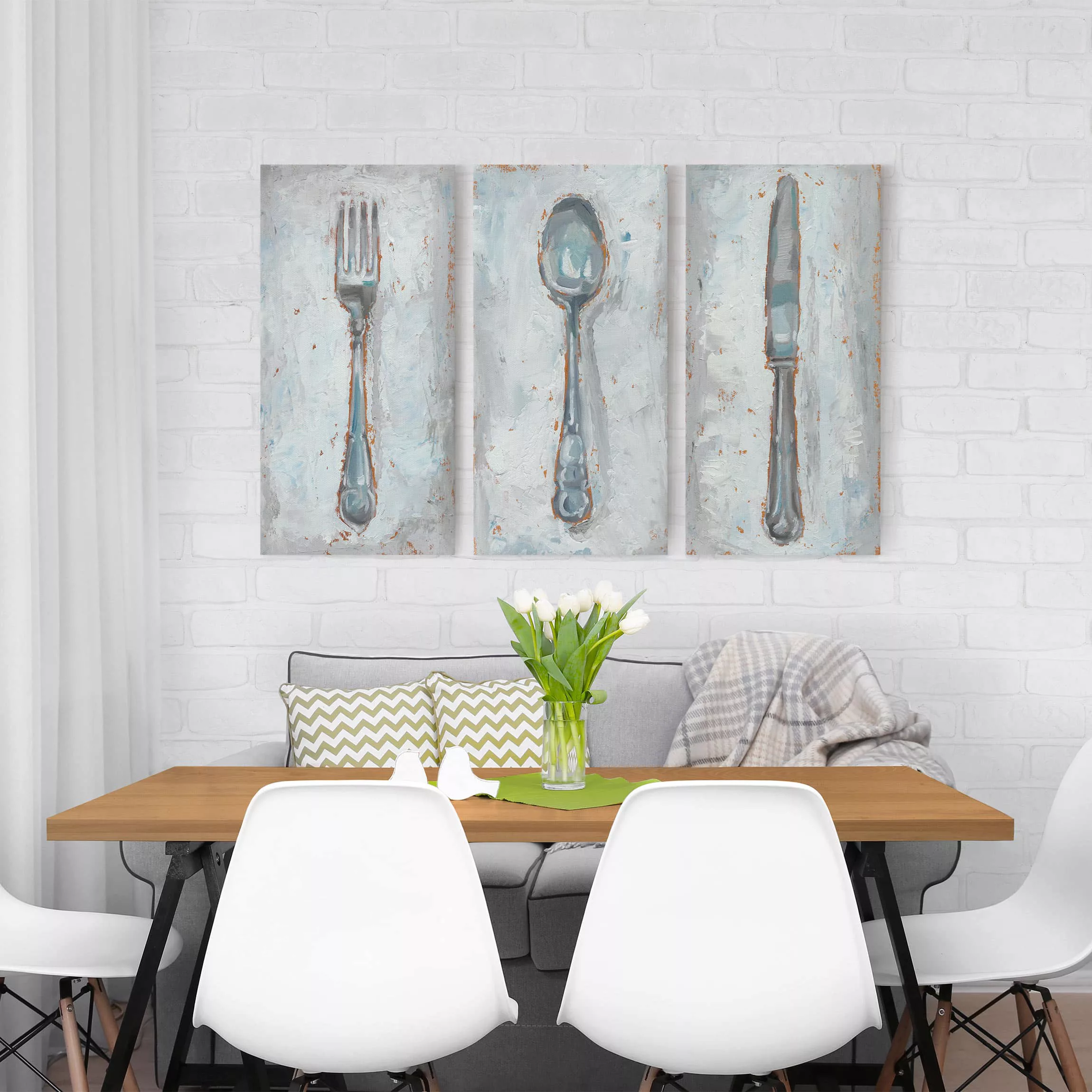 3-teiliges Leinwandbild Küche Impressionistisches Besteck Set I günstig online kaufen