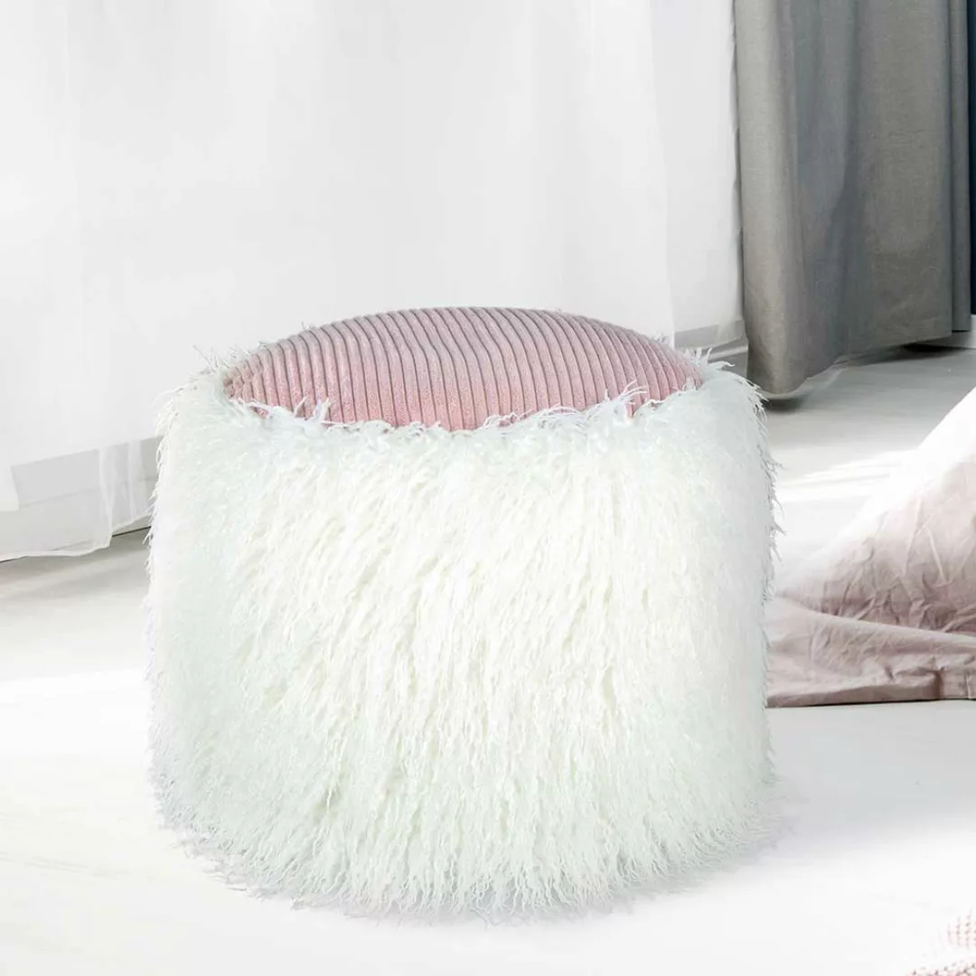 Retro Pouf in Weiß und Rosa Kunstfell und Cordstoff günstig online kaufen