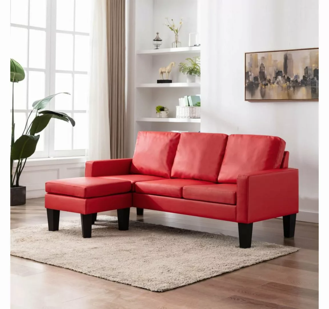 vidaXL Sofa 3 Sitzer Sofa mit Hocker Kunstleder, Rot günstig online kaufen