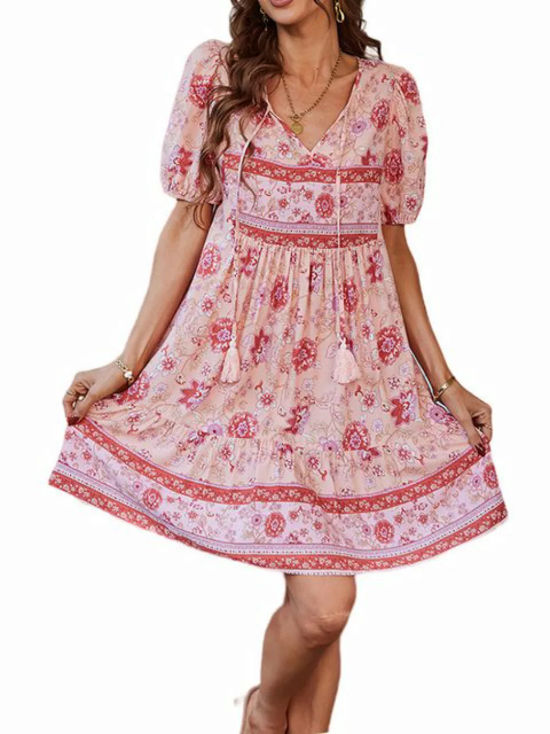 ENIX Druckkleid Damen-Sommerkleid mit V-Ausschnitt, böhmischem Blumendruck günstig online kaufen