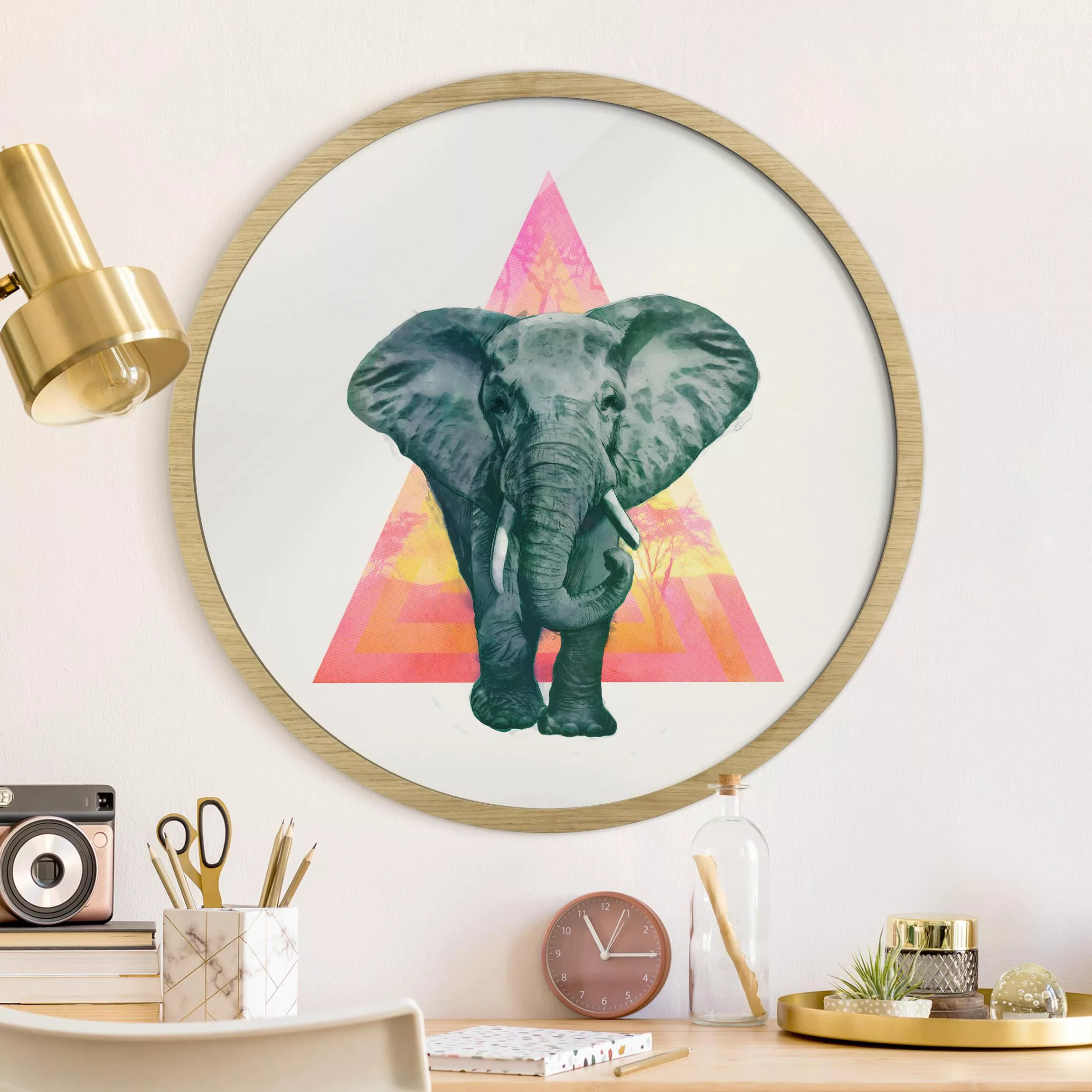 Rundes Gerahmtes Bild Illustration Elefant vor Dreieck Malerei günstig online kaufen