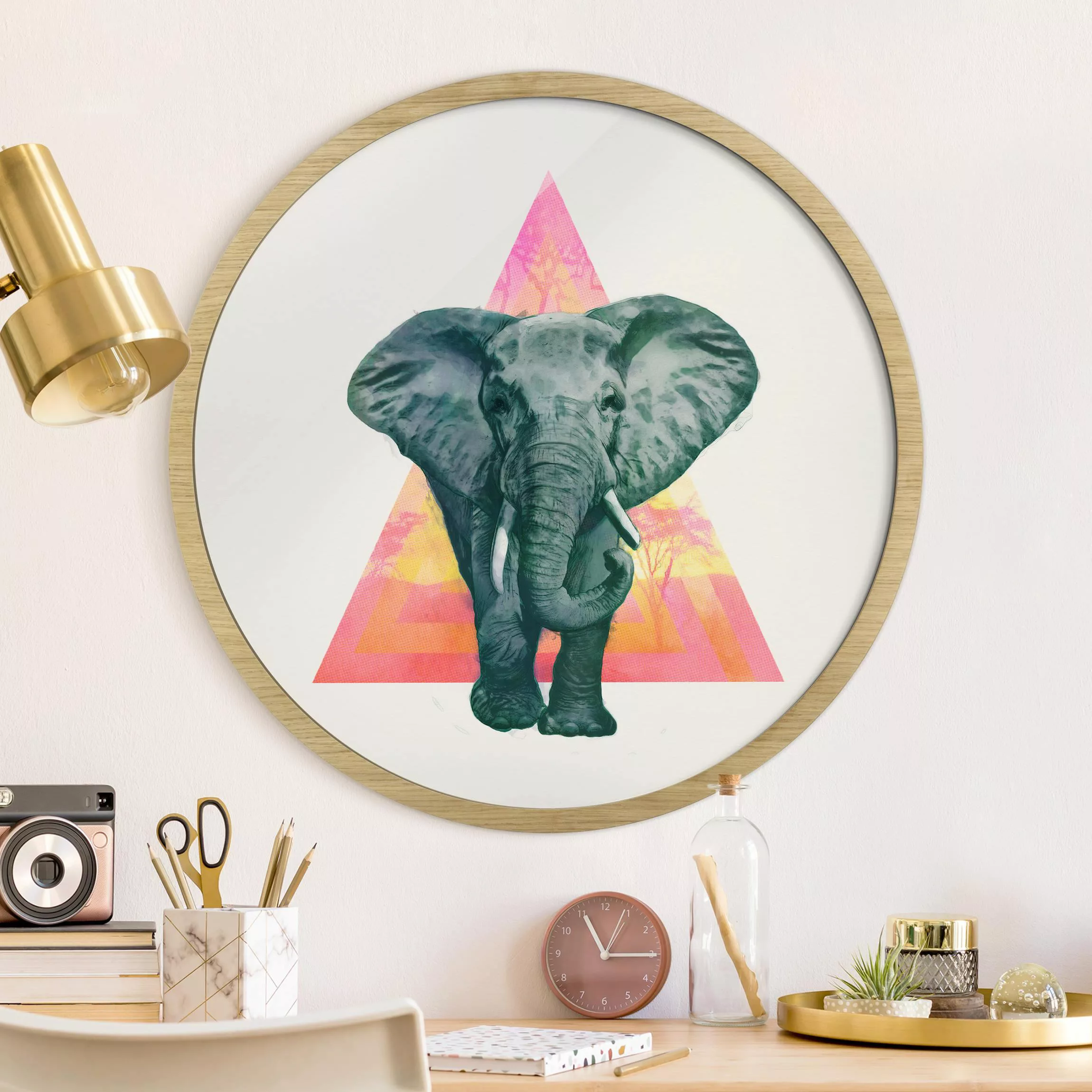 Rundes Bild mit Rahmen Illustration Elefant vor Dreieck Malerei günstig online kaufen