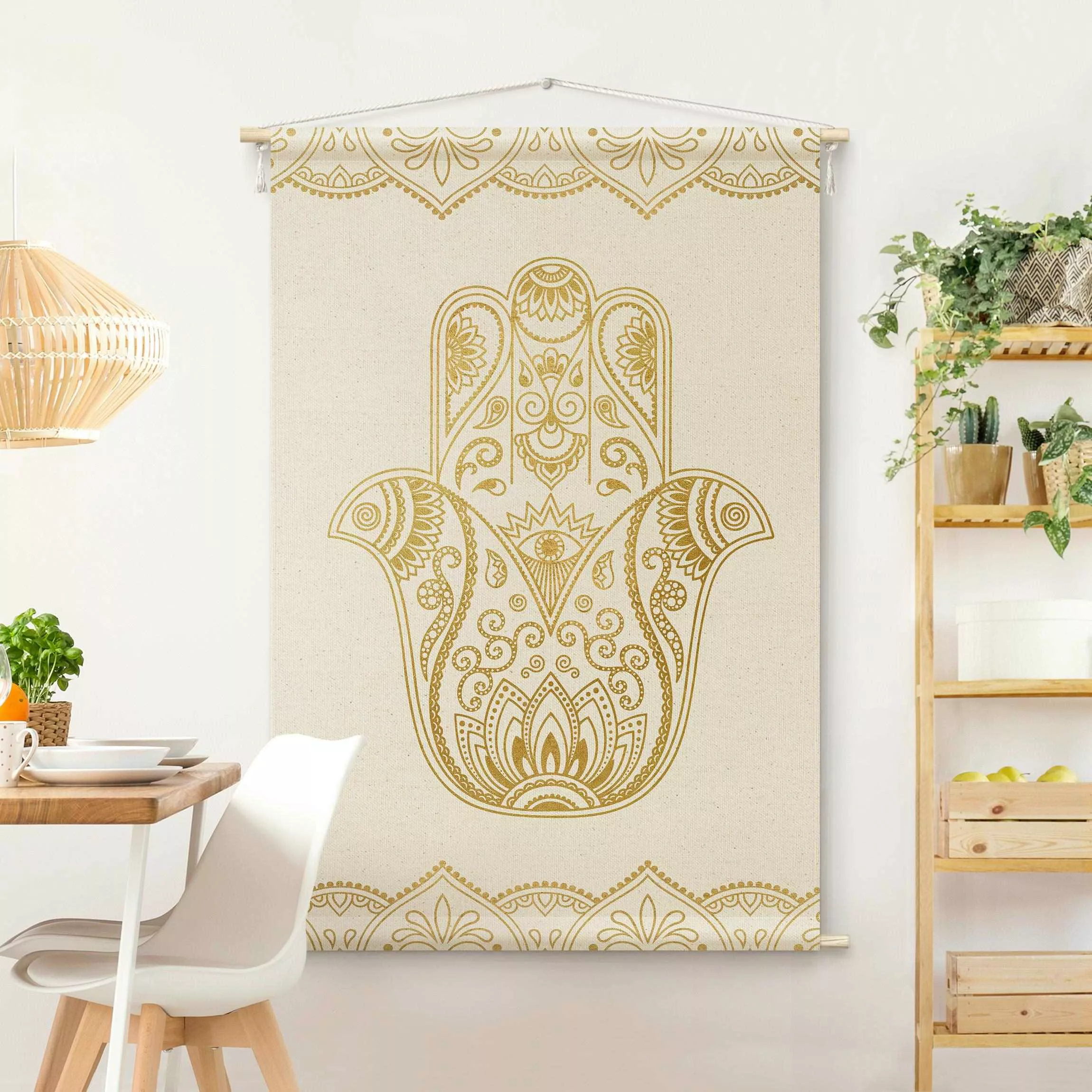 Wandteppich Hamsa Hand Illustration weiß gold günstig online kaufen