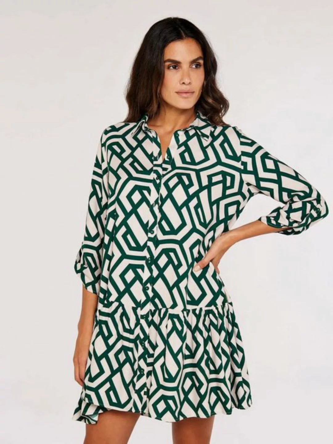 Apricot Minikleid Geo Print Tiered Shirt Dress, mit Krempelärmeln, mit geoe günstig online kaufen