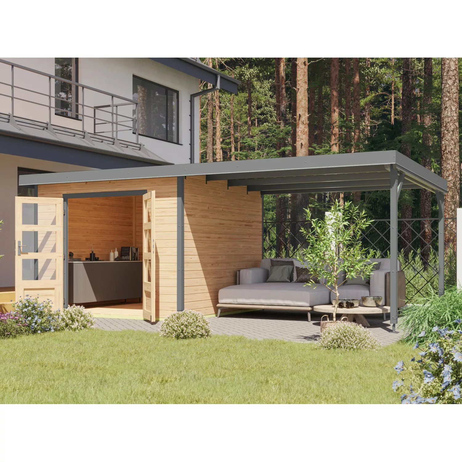 Karibu Gartenhaus Set Domingo A Naturbelassen-Staubgrau mit Anbaudach 7 m² günstig online kaufen
