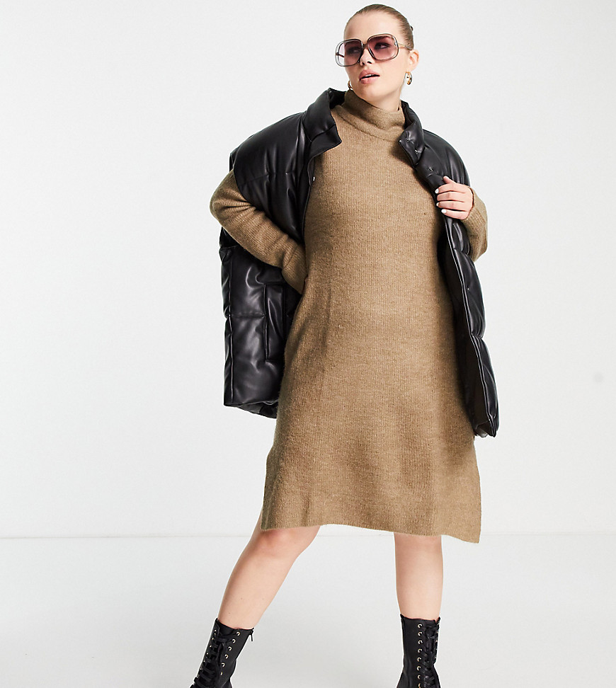 Vero Moda Curve – Kleid mit Stehkragen und Seitenschlitzen in Beige-Grün günstig online kaufen